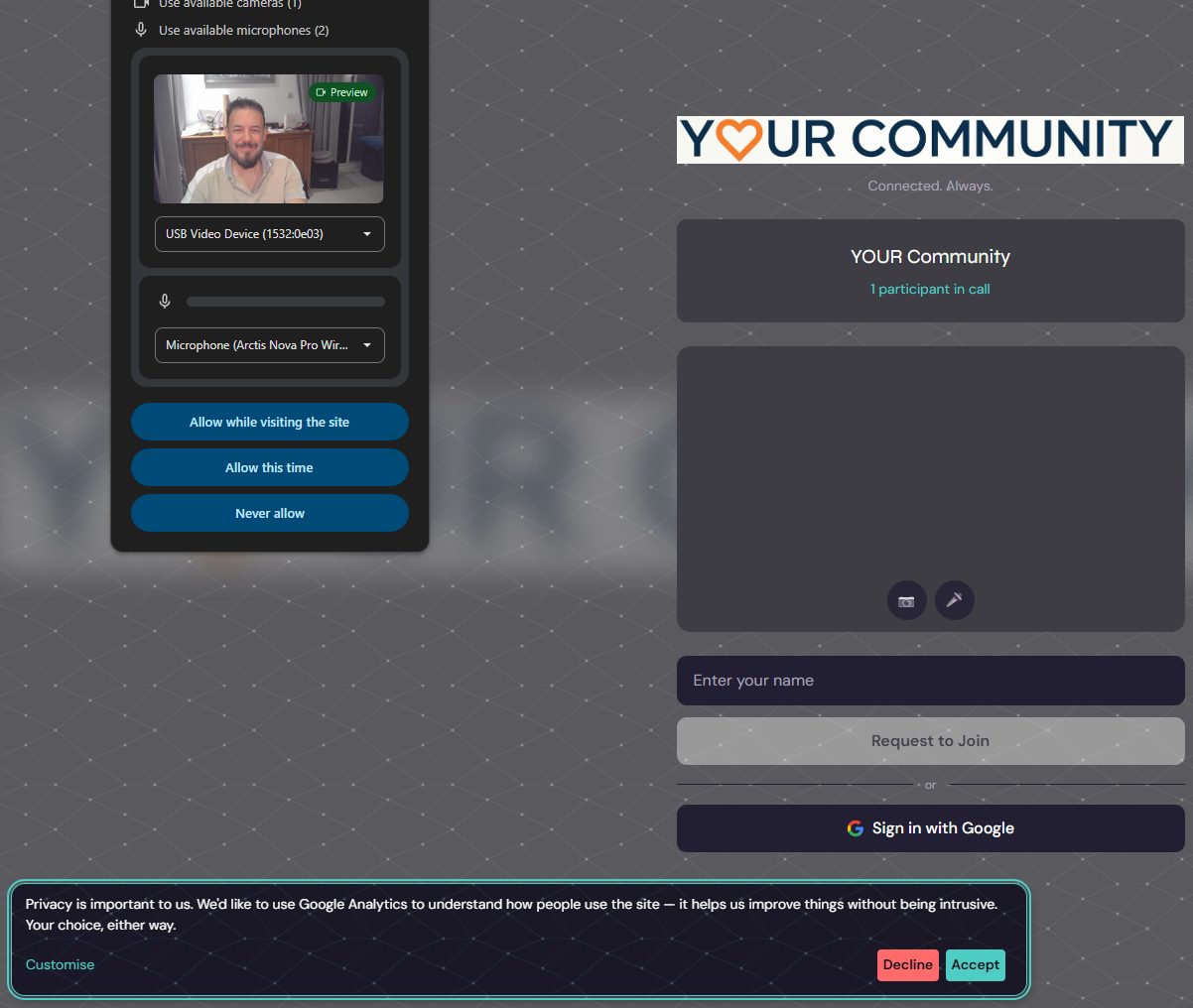 A volunteer team meeting in a Nexus video room