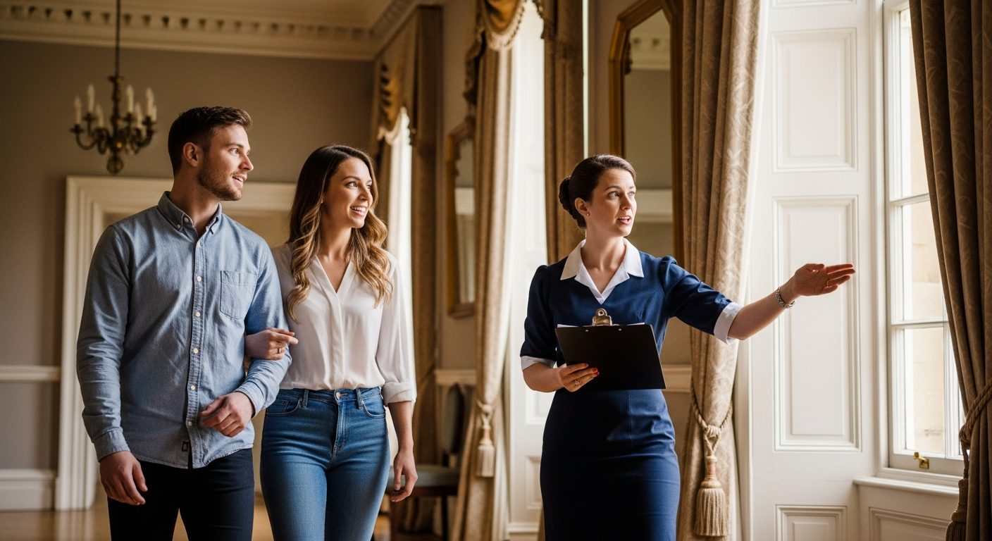 A wedding planner showing a couple around a venue